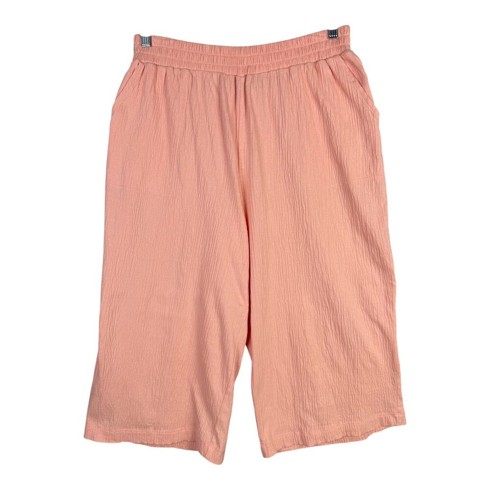 Lands End MP Crinkle Cotton Knit Wide Leg Capri Pull On Pants Peach Pockets